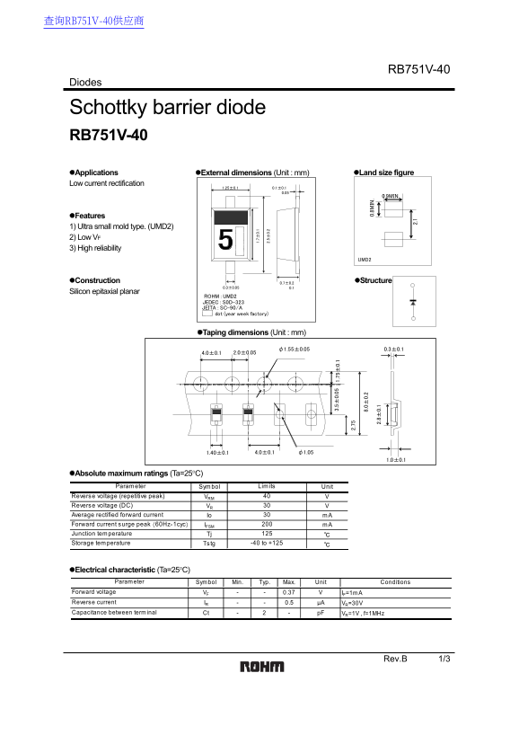 ROHM Schottky Barrier Diode RB751V-40 Data Sheet - Page 1