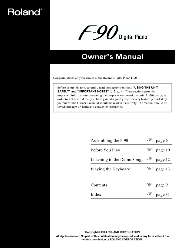 Roland F-90 Digital Piano Owner's Manual - Page 1