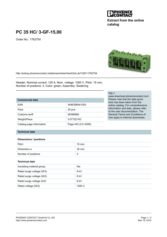 Phoenix Contact PC 35 HC 3-GF-15,00 Order No. 1762754 Data Sheet User Manual - Page 1