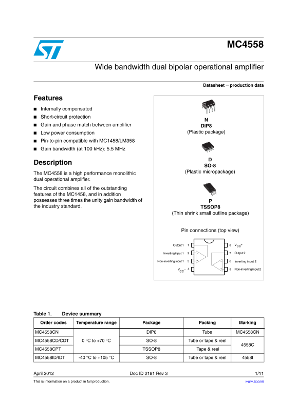 ST MC4558 Wide bandwidth dual bipolar operational amplifier Data Manual - Page 1