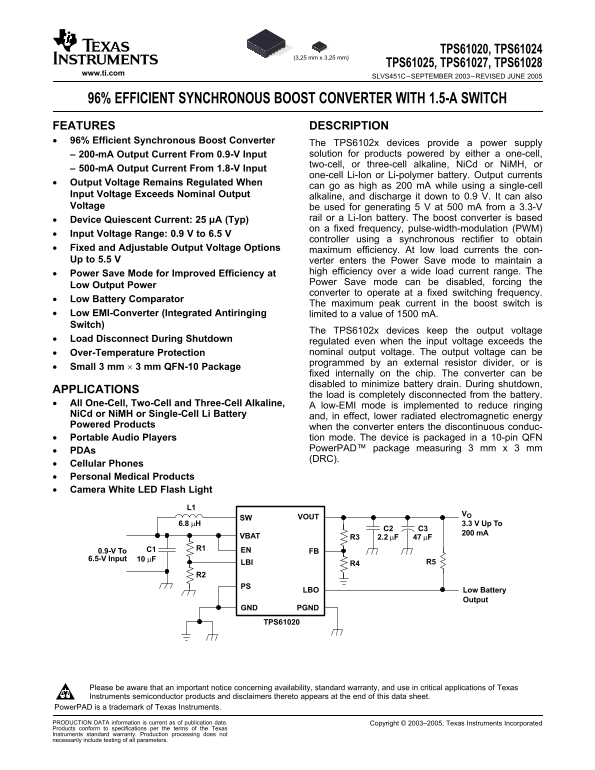 Texas Instruments TPS61020, TPS61024 TPS61025, TPS61027, TPS61028 Data Sheet - Page 1