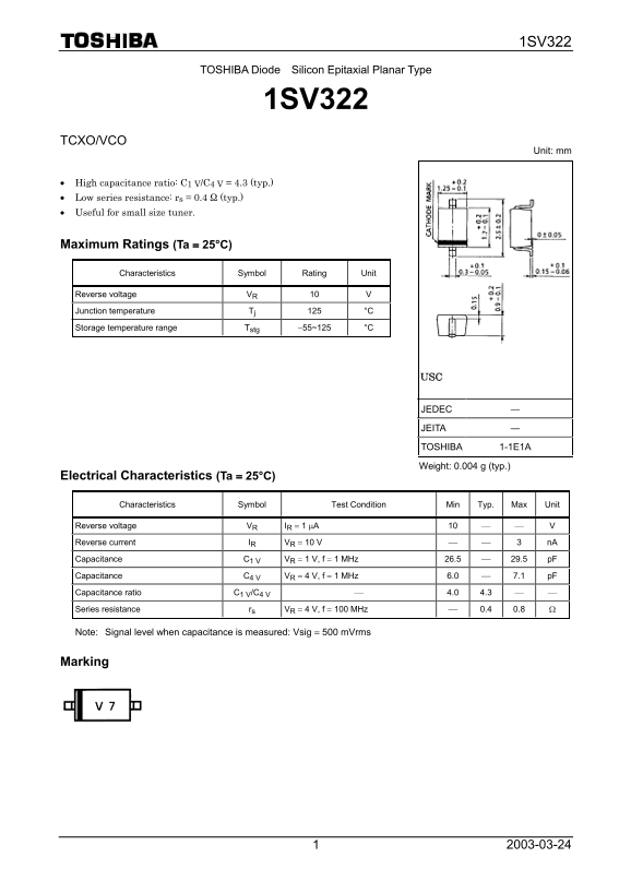Toshiba 1SV322 Specifications - Page 1