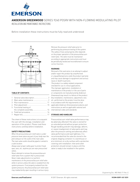 EMERSON Manual Safety Relief Valves Pilot Operated Series 9240 IOM - Page 1