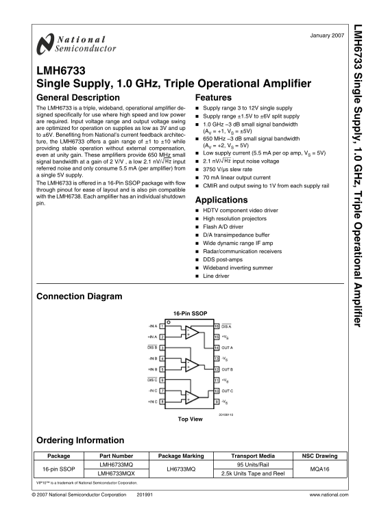 NATIONAL SEMICONDUCTOR LMH6733 User Guide and Specifications - Page 1