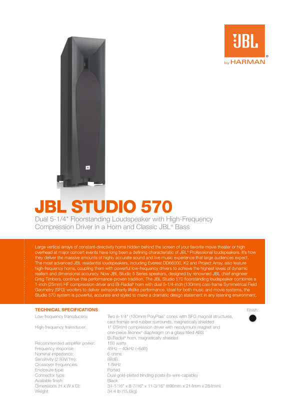 Studio 570 Dual 5-1 4-Inch (130mm) Floor-Standing Speakers with Two JBL Classic Woofers and a Horn-Loaded High-Frequency Compression Driver Configuration Guide - Page 1
