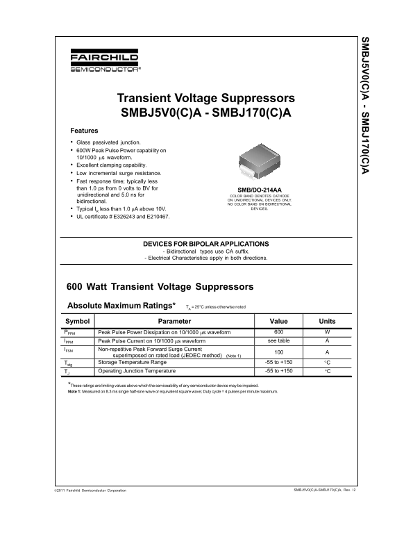 Fairchild SMBJ5V0(C)A - SMBJ170(C)A Data Handbook - Page 1