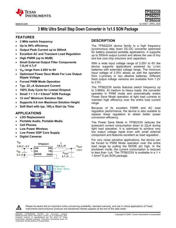 Texas Instruments TPS62230 62231 62232 Data Sheet Manual - Page 1