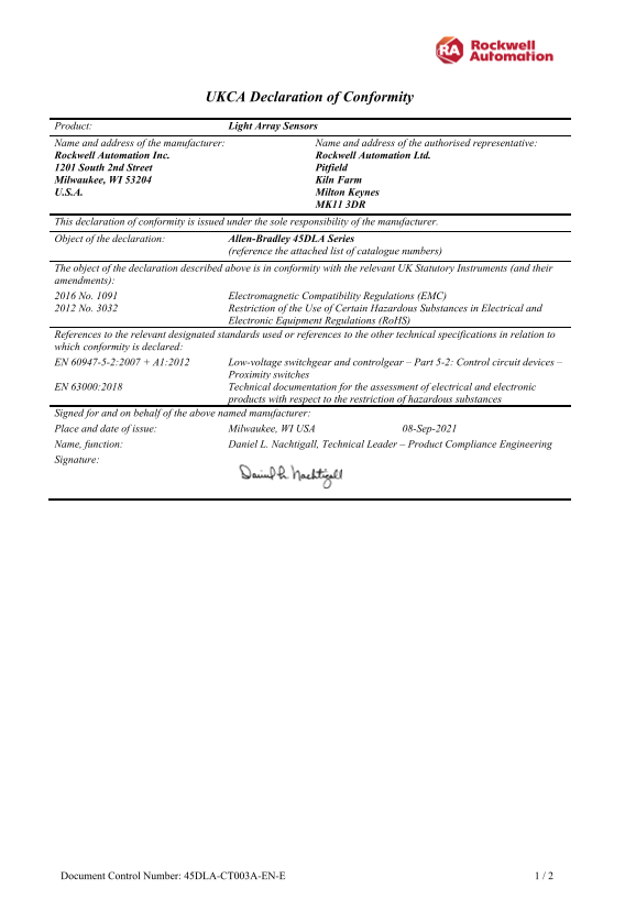 Rockwell Automation 45DLA Series Light Array Sensors - UKCA DoC - Page 1