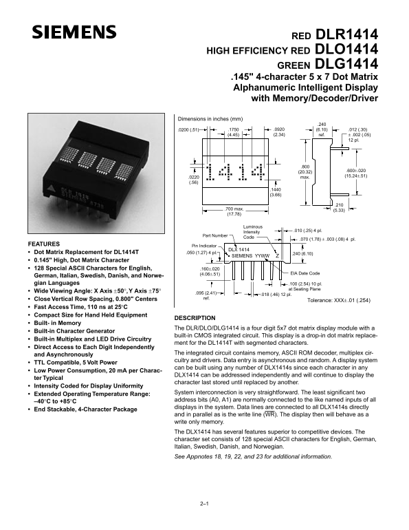 SIEMENS DLR1414 Data Sheet - Page 1