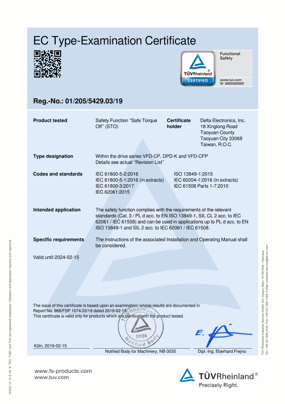 Delta Industrial Automation Frequency Converter Safety Function Safe Torque Off (STO) CP2000 Series CFP2000 Series Safety Certificate - Page 1