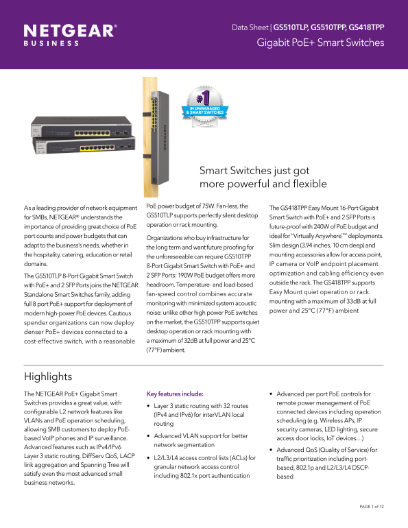 Netgear GS418TPP - Easy-Mount 16-Port Gigabit High Power PoE+ Smart Switch With 2 SFP Ports (240W) Product Data Sheet - Page 1