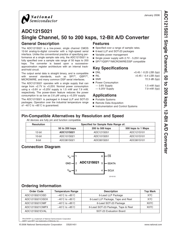 National Semiconductor ADC121S021 Single Channel, 50 to 200 ksps, 12-Bit A/D Converter Owner's Manual - User Guide - Page 1