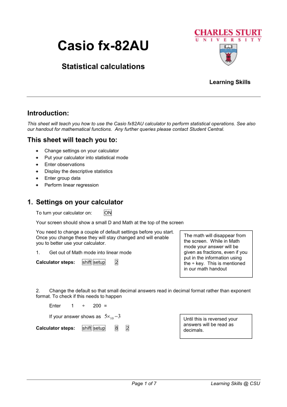 Casio fx-82AU Statistical Calculations Reference Guide - Page 1