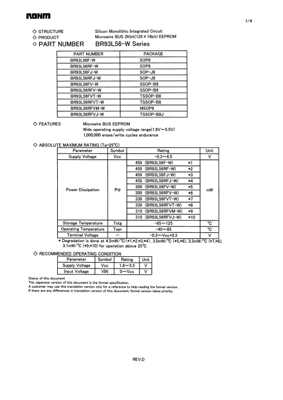 ROHM BR93L56-WSeries Data Sheet - Page 1