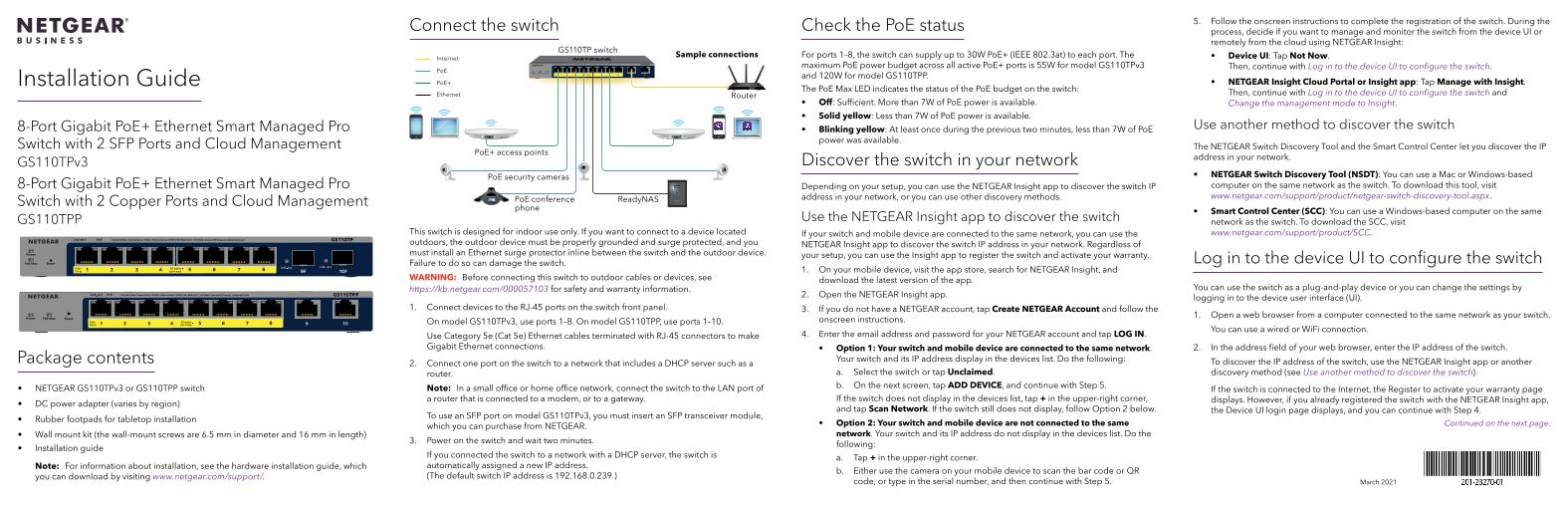 Netgear GS110TPP - 8-Port Gigabit PoE+ Ethernet Smart Switch With 2 Copper Ports and Cloud Management Installation Guide - Page 1