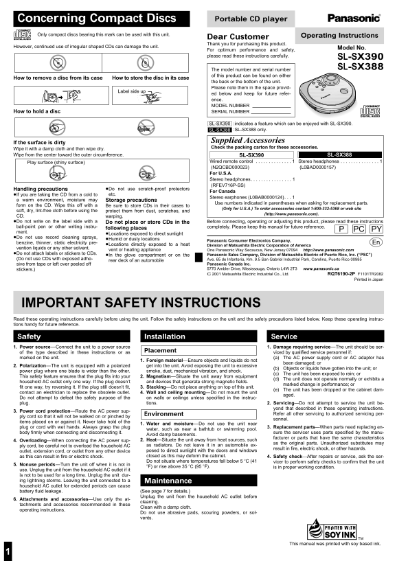 Panasonic SL-SX390 SL- SX388 User's Manual - Page 1