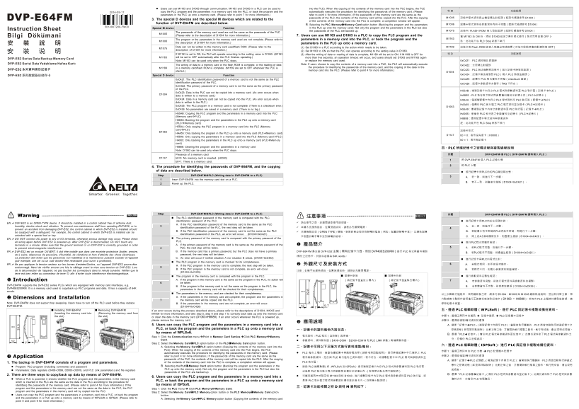 Delta Industrial Automation PLC Programmable Controller DVP-E64FM DVP-ES2 Data Backup Memory Card Installation Manual - Page 1