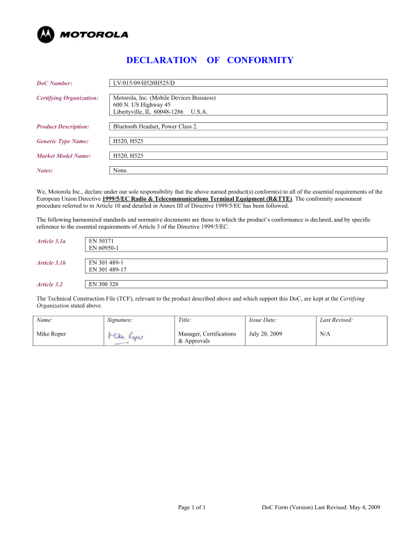 Motorola LV 015 09 H520H525 D Data Sheet - Page 1