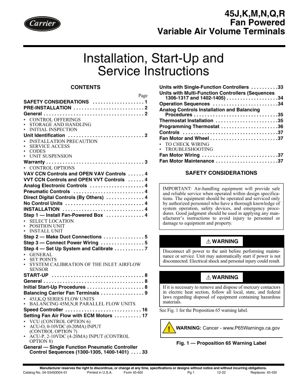 Carrier 45J 45J,K,M,N,Q,R Fan Powered Variable Air Volume Terminals - Page 1