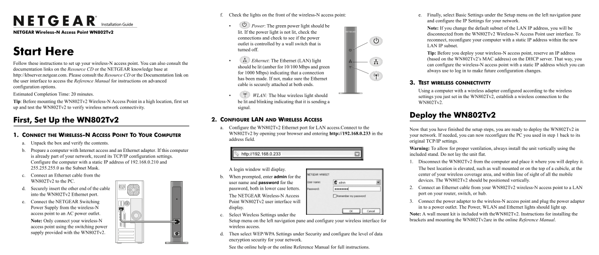 Netgear WN802Tv2 - Wireless-N Access Point Installation Guide - Page 1