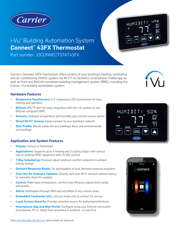 Carrier Connect™ 43FX Thermostat 33CONNECTSTAT43FX Carrier® Connect™ 4.3 FX Thermostat Product Data Sheet - Page 1
