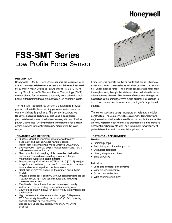 Honeywell FSS-SMT Series Low Profile Force Sensors Product Documentation - Page 1