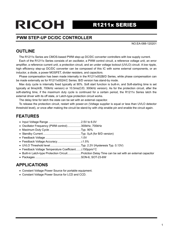 RICOH R1211x SERIES PWM STEP-UP DC DC CONTROLLER - Page 1