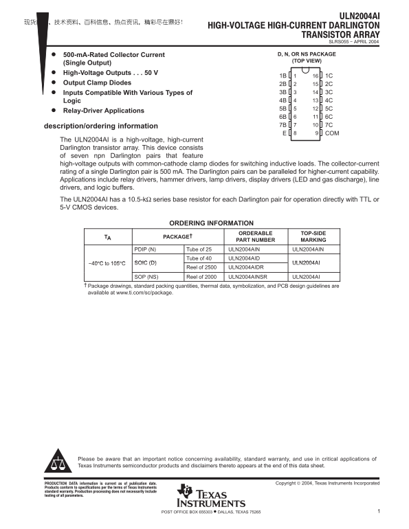 Texas Instruments ULN2004AI Data Sheet - Page 1