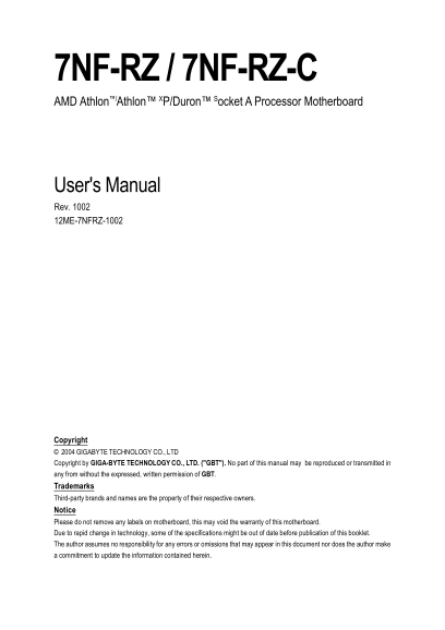 Gigabyte 7NF-RZ 7NF-RZ-C AMD Athlon, Athlon XP, Duron Socket A Processor Motherboard User Manual - Page 1