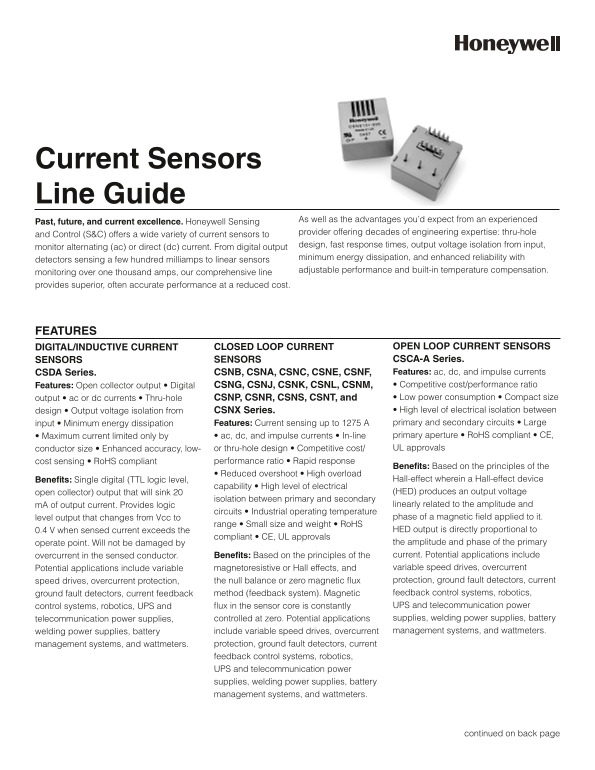 Honeywell Current Sensors - Line Guide Product Documentation - Page 1