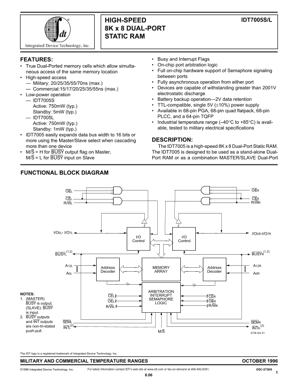 IDT IDT7005S L HIGH-SPEED 8K x 8 DUAL-PORT STATIC RAM Owner's Manual - Specifications, User Guide - Page 1
