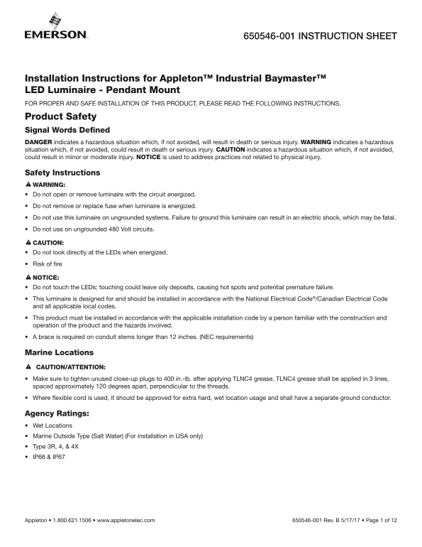EMERSON Instruction Sheet Industrial Baymaster LED Luminaire (Pendant Mount), 650546-001 Appleton - Page 1