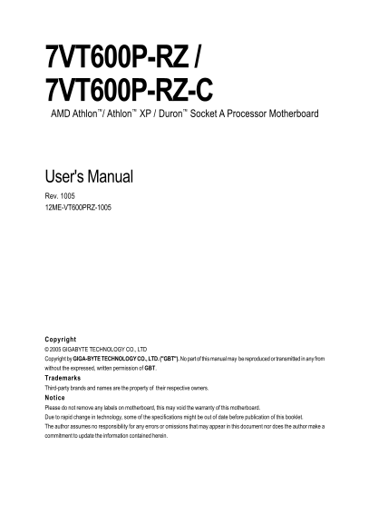 GIGABYTE 7VT600P- RZ 7VT600P- RZ- C AMD Athlon™, Athlon™ XP, Duron™ Socket A Processor Motherboard User' s Manual - Motherboard Guide - Page 1