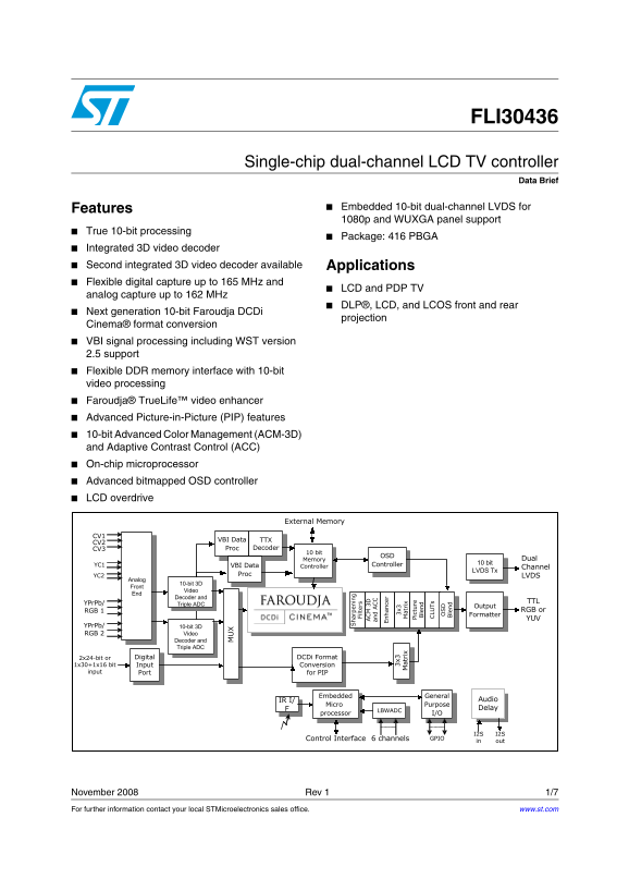 ST FLI30436 Dual-Channel LCD TV Controller Data Sheet - Page 1