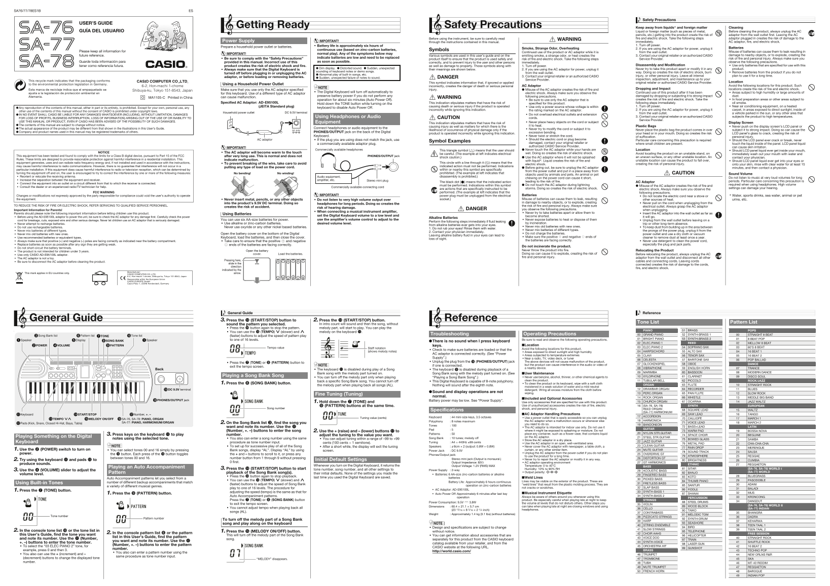 CASIO SA-76/77/78 User's Guide (1) - Page 1