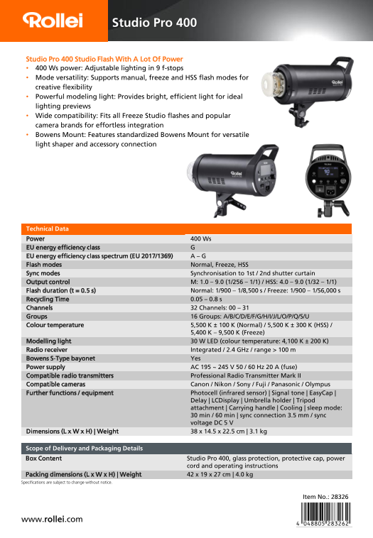 Rollei Studio 400, 600, 800 & 1200 Pro - Studio Flashes Data Sheet - Studio Pro 400 (EN) - Page 1