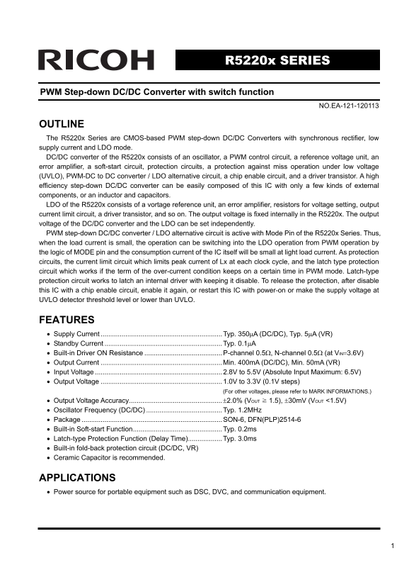 RICOH PWM Step-down DC DC Converter with switch function R5220x SERIES User's Manual - Page 1