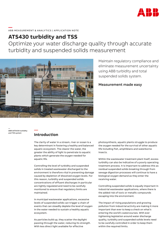 ABB Application Note - ATS430 Turbidity and TSS Optimize Your Water Discharge Quality Through Accurate Turbidity and Suspended Solids Measurement - Page 1