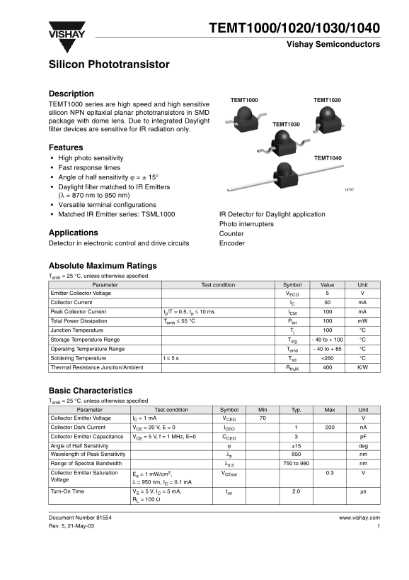 Vishay Semiconductor - TEMT1000, 1020, 1030, 1040 Silicon Phototransistor Data Manual - Page 1