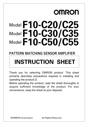 OMRON Pattern Matching Sensor F10 F10-C20 C25 C30 C35 C50 C55 Pattern Matching Sensor Amplifier Instruction Sheet - Page 1