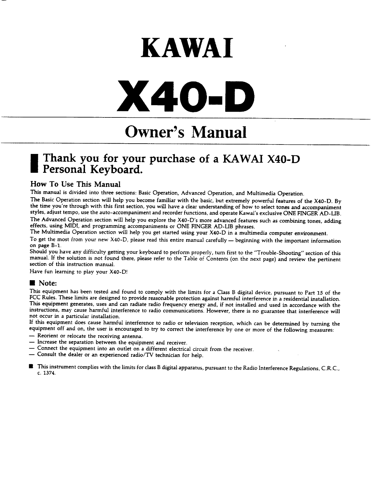 KAWAI X40-D User Manual - Page 1