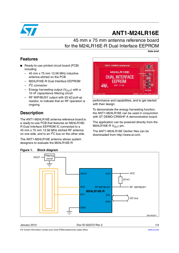 ST ANT1-1-M24LR16E 45 mm x 75 mm Antenna Reference Board User Manual - for M24LR16E-8 Dual Interface EEPROM - Page 1