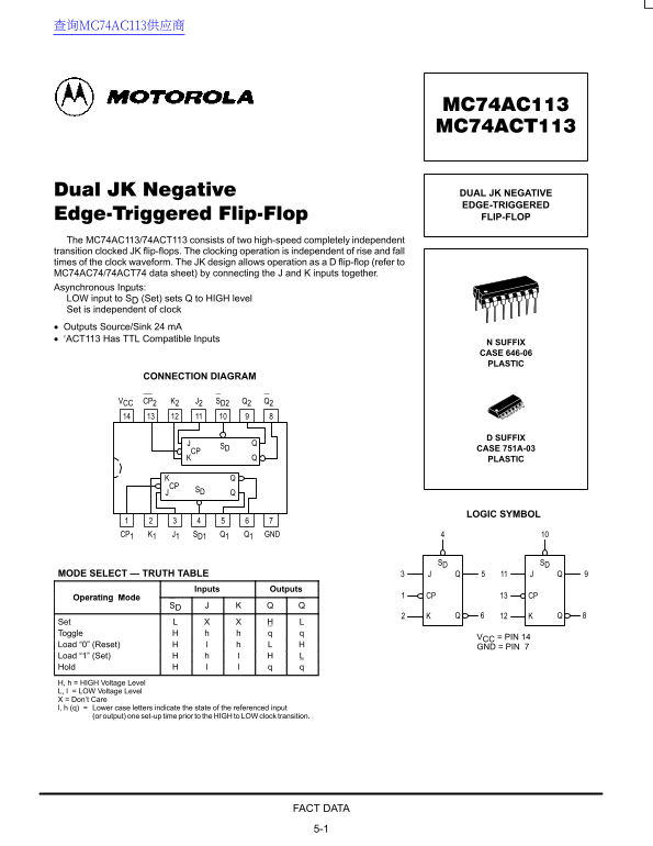 Motorola MC74AC113 MC74ACT113 Data Sheet - Page 1