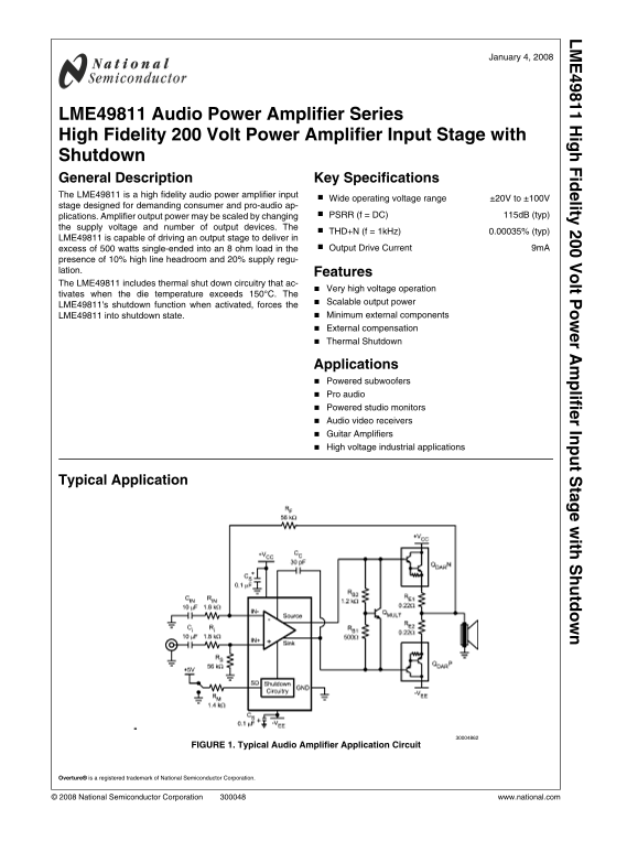 National Semiconductor - LME49811 High Fidelity 200V Power Amplifier Input Stage with Shutdown - Page 1