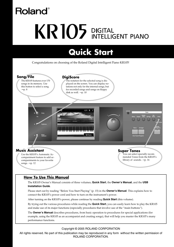 Roland KR-105 Digital Intelligent Piano Quick Start User Guide - Page 1
