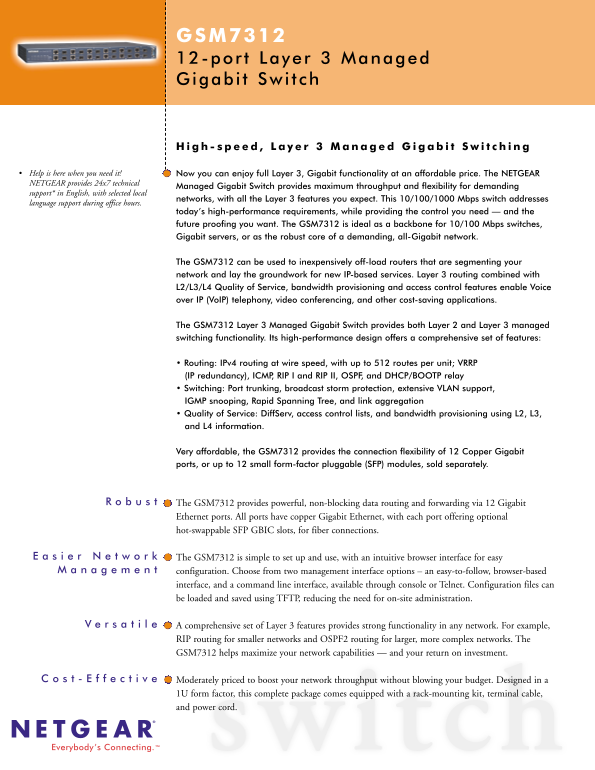 Netgear GSM7312 - 12 Port, Layer 3 Managed Gigabit Switch Product Data Sheet - Page 1