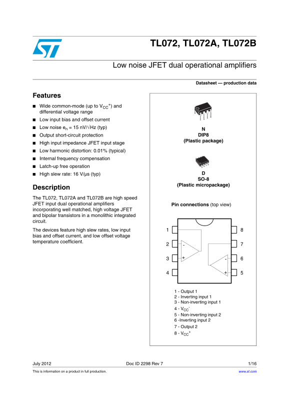 ST TL072, TL072A, TL072B Low Noise JFET Dual Operational Amplifiers Data Sheet - Page 1