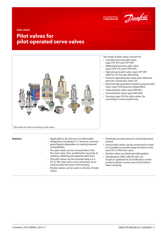Danfoss Pilot Valves for Pilot Operated Servo Valves Data Sheet - Page 1
