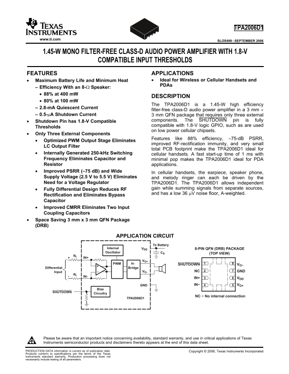 Texas Instruments TPA2006D1 1.45-W Mono Filter-Free Class-D Audio Power Amplifier with 1.8-V Compatible Input Thresholds - Page 1