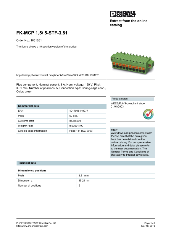 Phoenix Contact - FK-MCP 1,5 5-STF-3,81 Data Sheet / Manual - Page 1